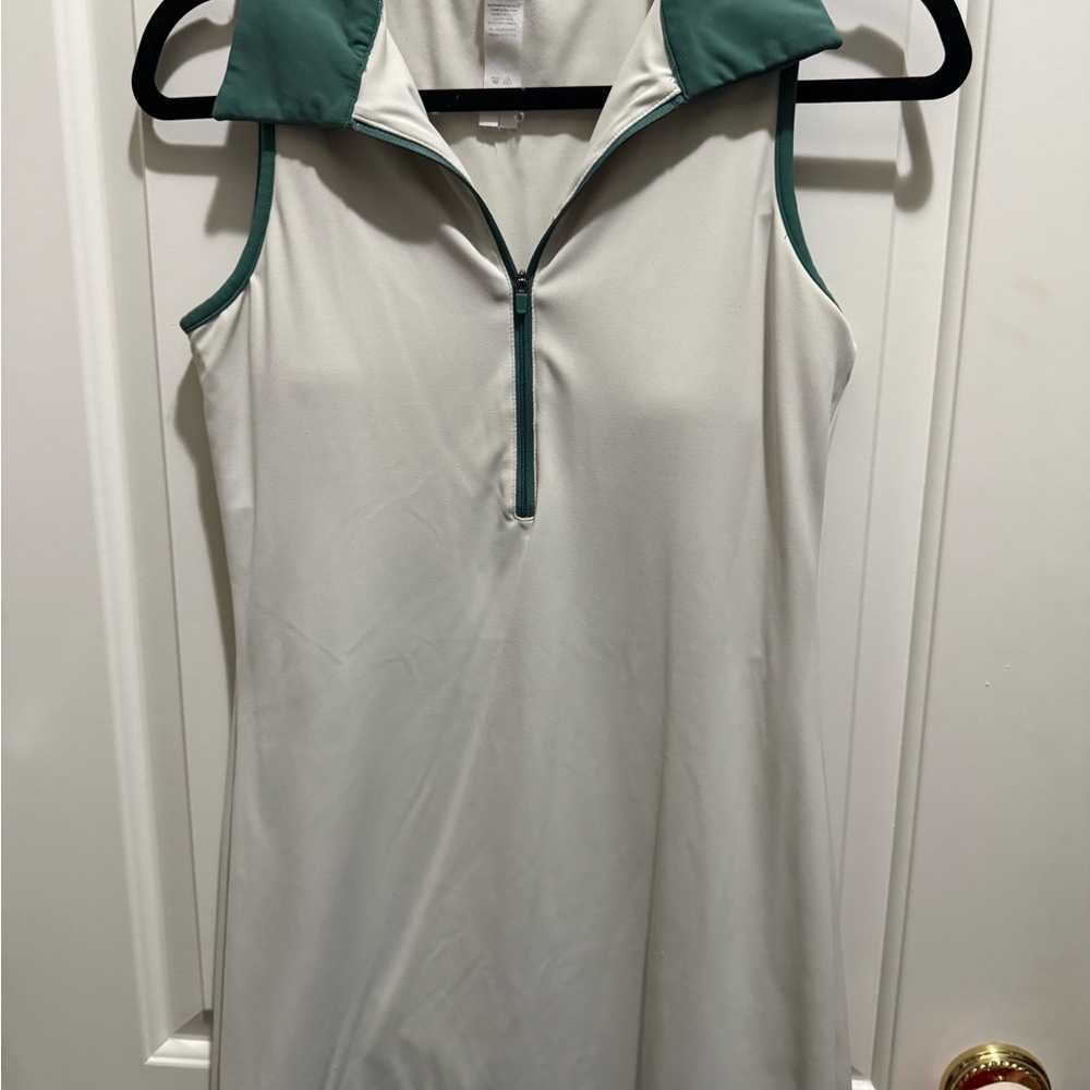 Sleeveless Stone and Green Mini Half Zip pickleball/tennis Dress